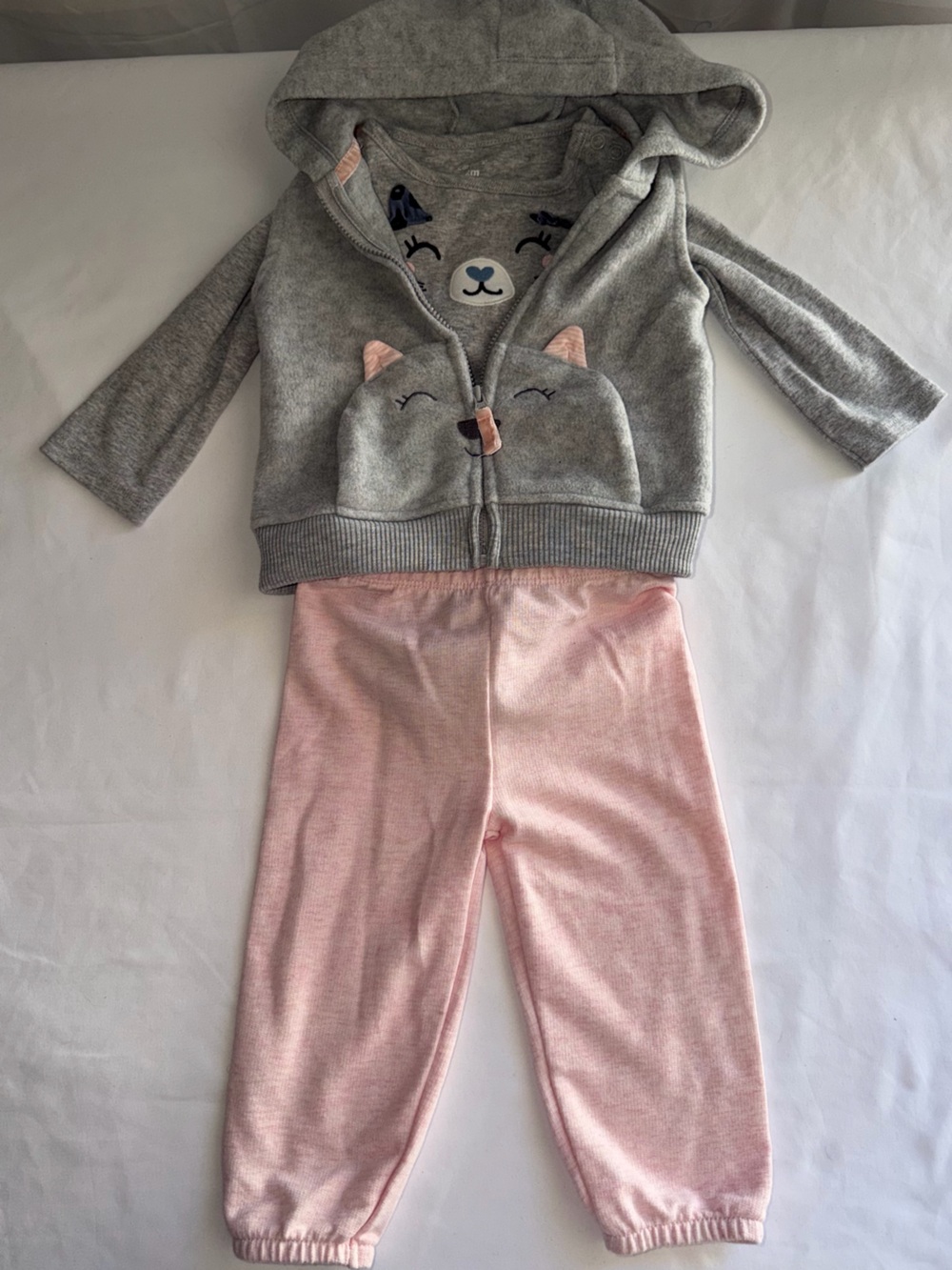 Carter’s Baby Girls 12M 4 Pc Set Grey Kitty Fleece Hoodie Bodysuit Shirt Pants